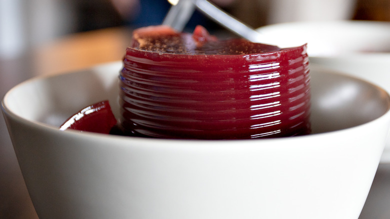 canned cranberry sauce in a white bowl 