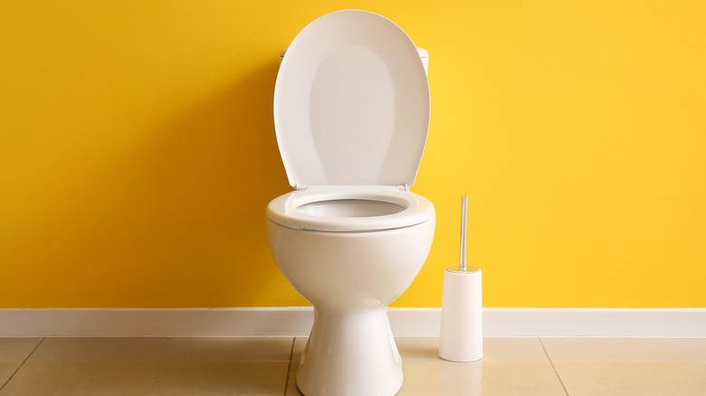 Toilet against yellow wall