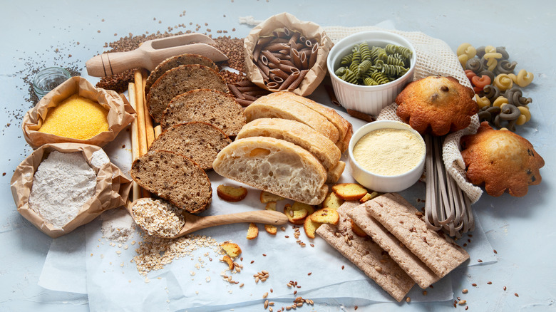 A large spread of foods high in carbohydrates