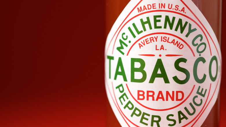 Close up of bottle of Tabasco hot sauce