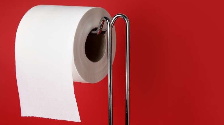 roll of toilet paper on stand in front of red wall