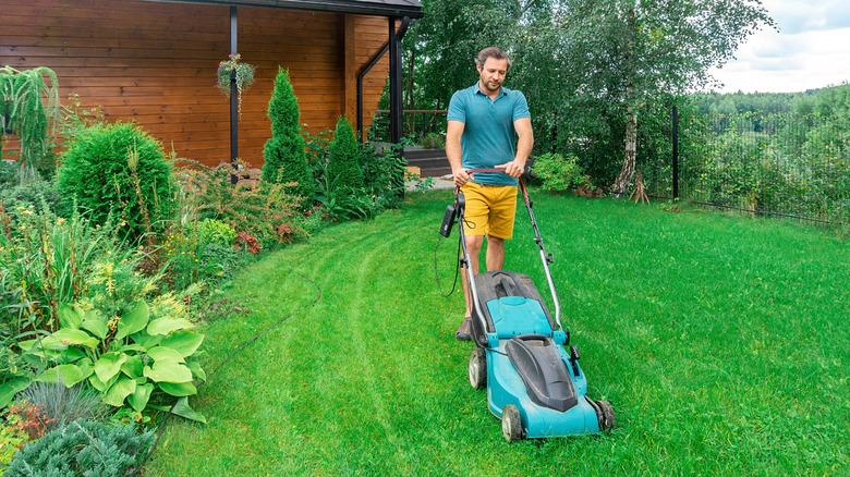 Man mowing lawn with electric lawn mower
