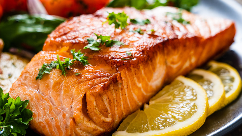 close-up of juicy salmon steak